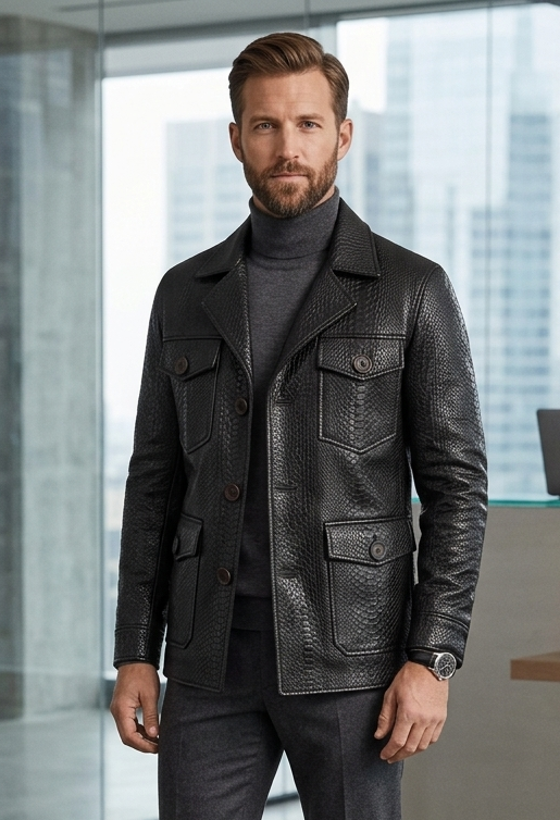 Anaconda Skin Embossed Leather Coat