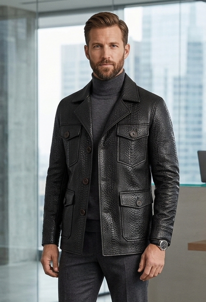 Anaconda Skin Embossed Leather Coat